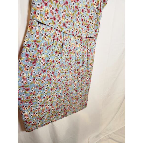 J. Jill $99 Medium Blue Pink Green Floral Overlay Stretch Knit Dress w/ Pockets - Picture 6 of 14